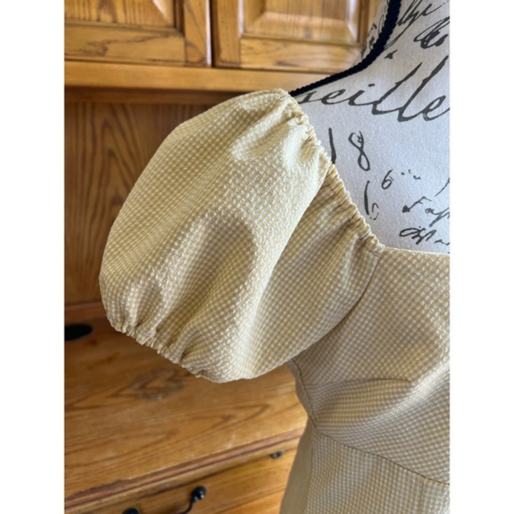 Altar'd State Yellow‎ Gingham Seersucker Puff Sleeve Mini Dress Square Neck Med - Picture 4 of 10
